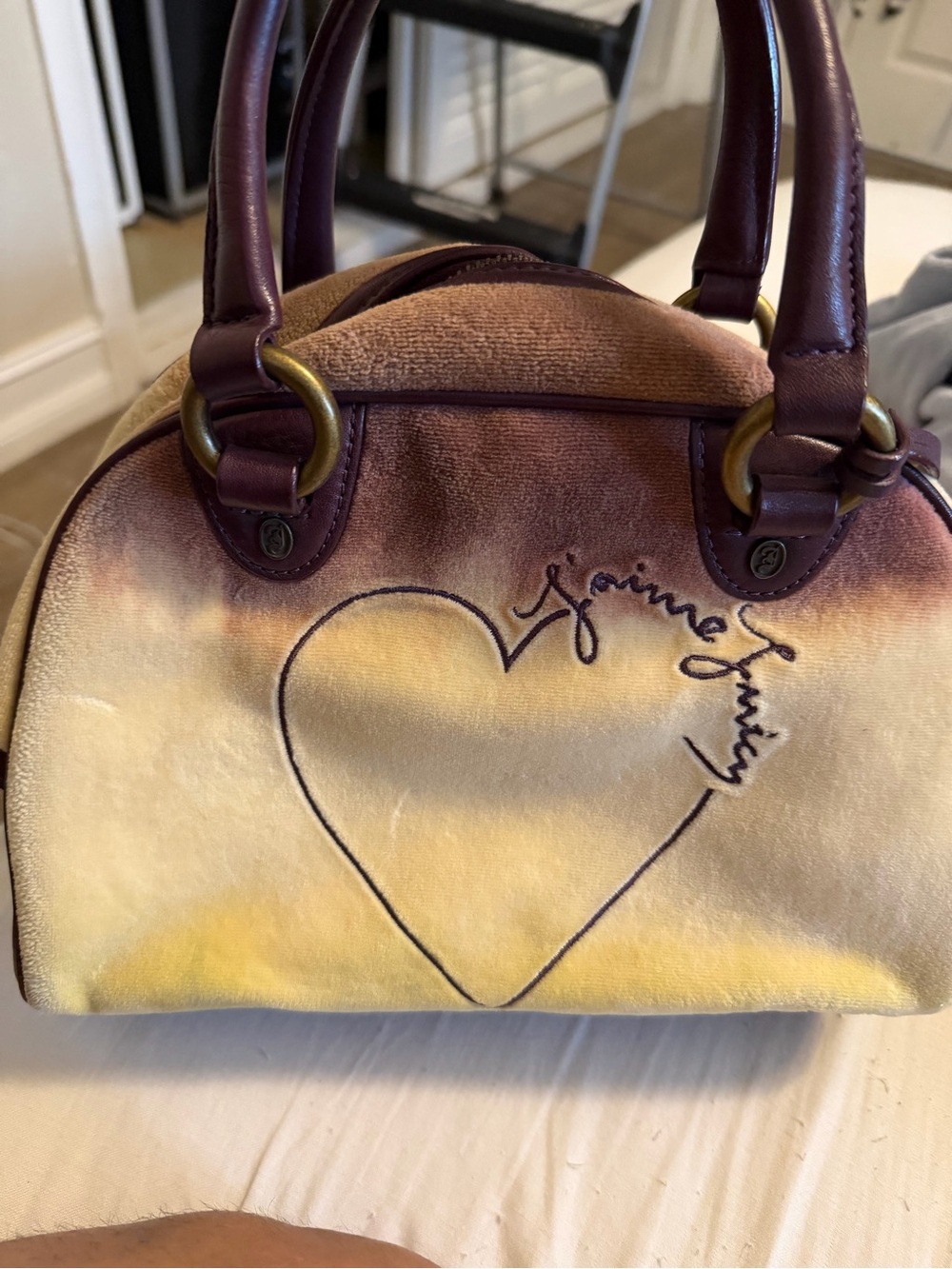 Vintage Y2K Juicy Couture Brown and Yellow Velvet Heart Dome Satchel